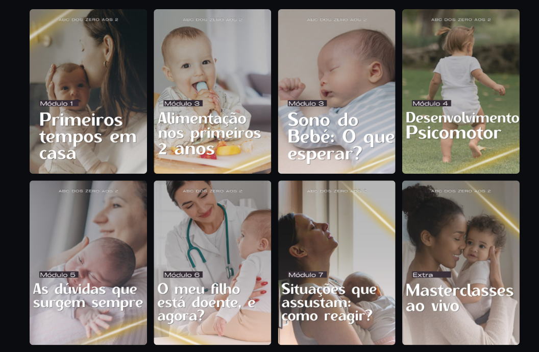 Área de aluna do Curso ABC dos Zero aos 2 — cada módulo com a sua capa